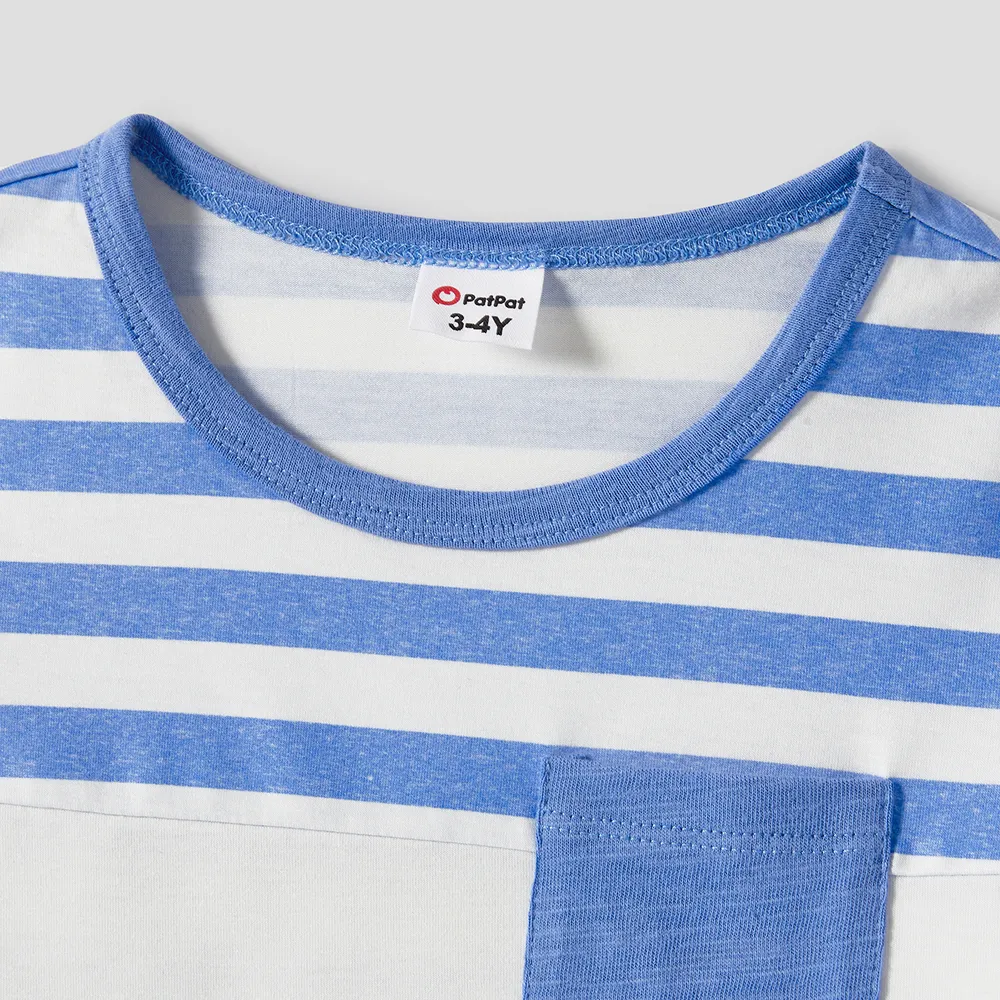 Family Matching Blue Short-sleeve Ruffle Hem Dresses and Naia™ Striped Colorblock T-shirts Sets  big image 7