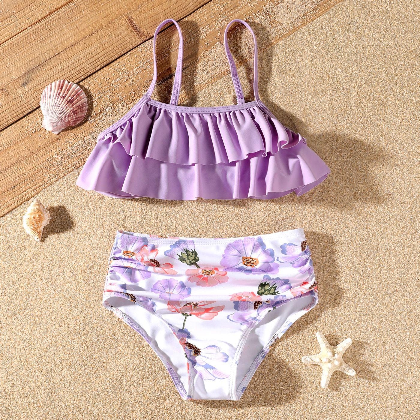

2Pcs Kid Girl Ruffle Trim Two-piece Swimsuit Set