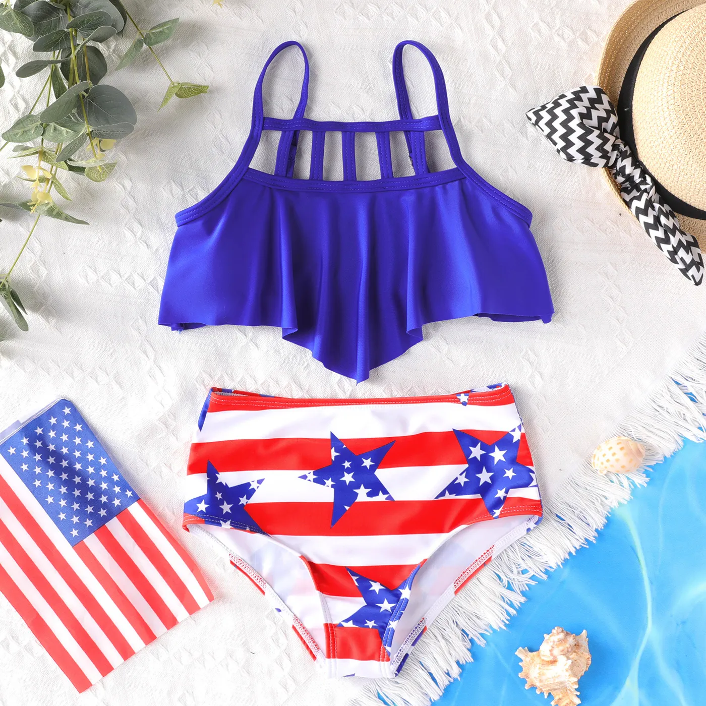 2pcs Kid Girl Independence Day Hollow Out Detail Swimsuit  big image 1