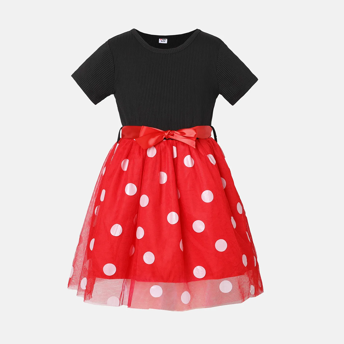

Kid Girl Ribbed Polka dots Mesh Splice Belted Short-sleeve Fairy Dress