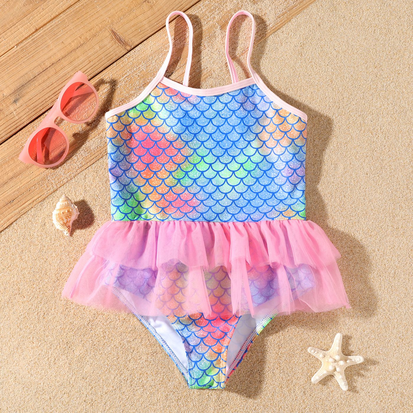 

Kid Girl Mermaid Pattern Overlay Decor One Piece Swimsuit