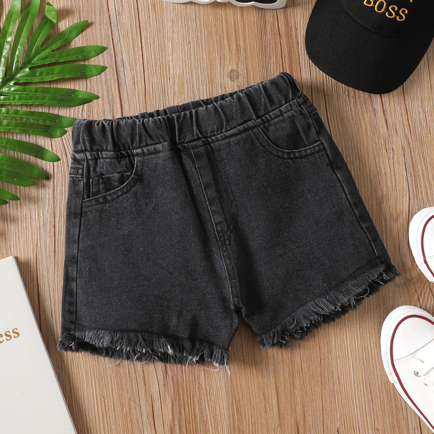 Kid Girl Raw Hem Denim Shorts Preto