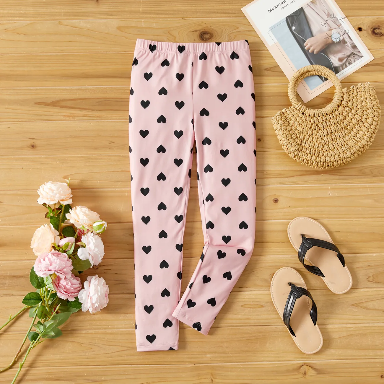 Eco-friendly RPET Fabric Toddler/Kid Girl Heart Print/Polka dots Elasticized Leggings Pink big image 1