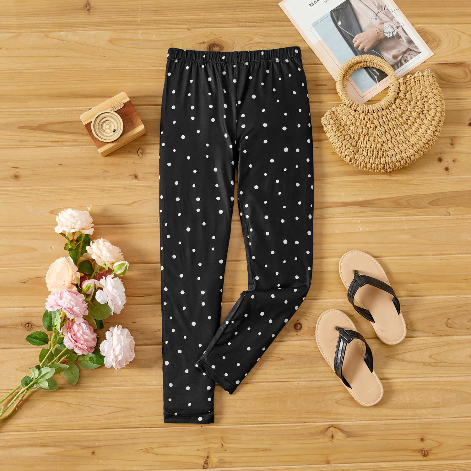 Eco-friendly RPET Fabric Toddler/Kid Girl Heart Print/Polka dots Elasticized Leggings Black image 3