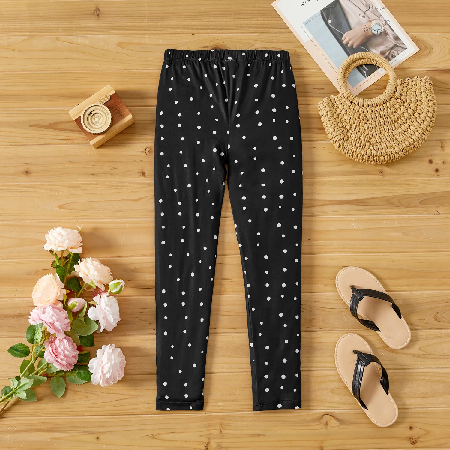 Eco-friendly RPET Fabric Toddler/Kid Girl Heart Print/Polka dots Elasticized Leggings Black image 4