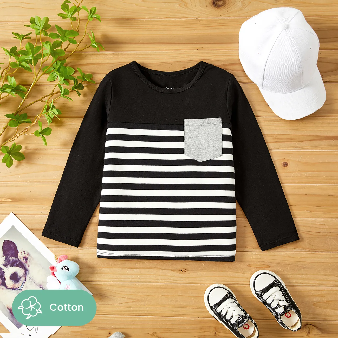 Langarm-T-Shirt aus Baumwolle mit Streifentaschendesign für Kleinkinder/Kinderjungen Farbblock big image 1