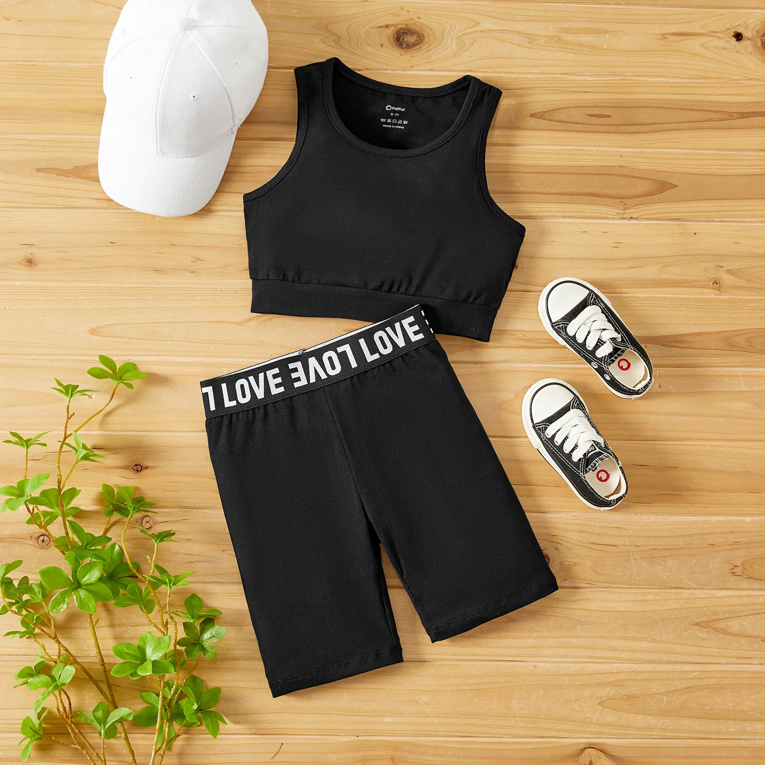 2pcs Toddler/Kid Girl Cotton Tank Top and Letter Print Webbing Design Shorts Set  big image 1