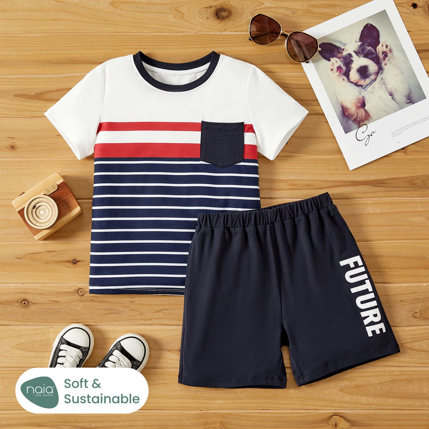 

Naia 2pcs Toddler/Kid Boy Stripe Pocket Design Tee and Shorts Set