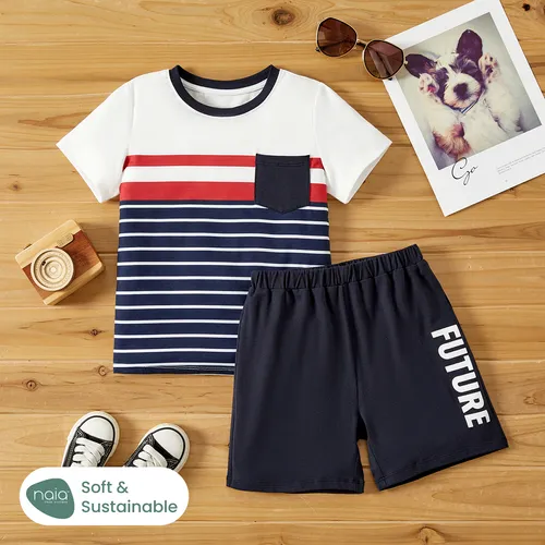 Naia 2pcs Toddler/Kid Boy Stripe Pocket Design Tee and Shorts Set