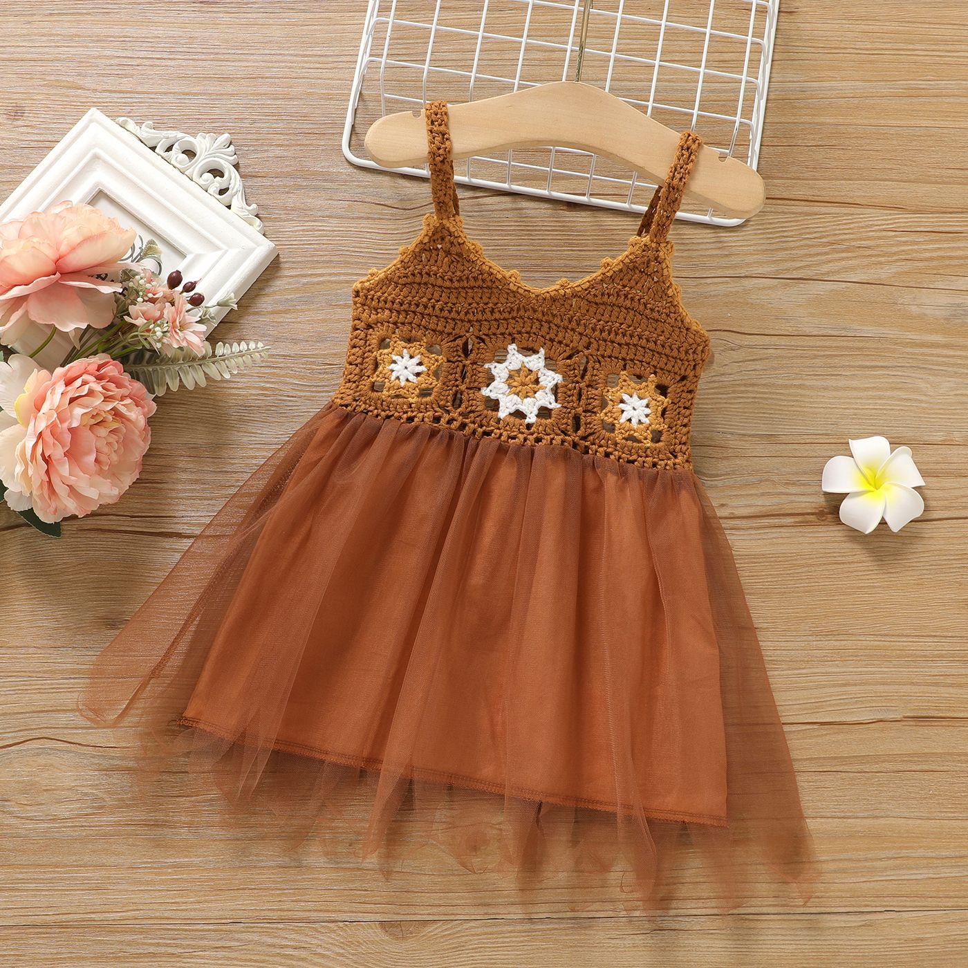 

Baby Girl Brown Crochet Sleeveless Mesh Dress