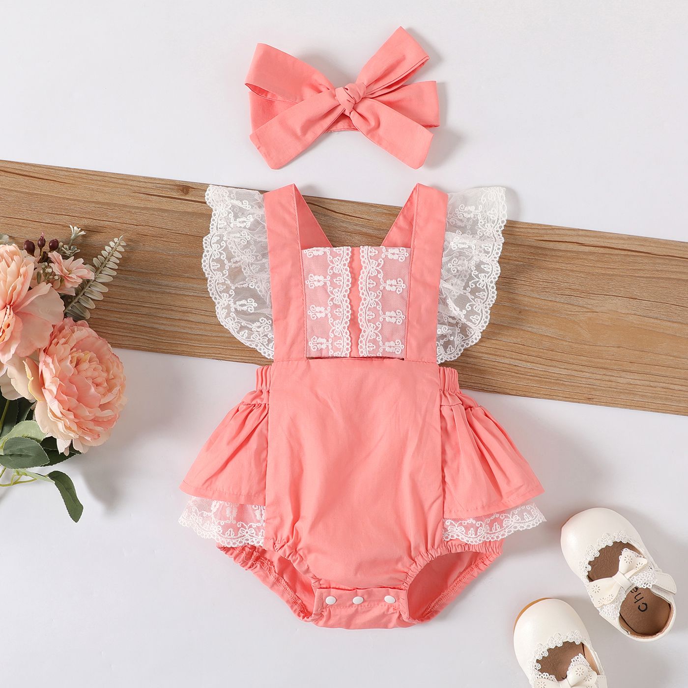 

2pcs Baby Girl 100% Cotton Lace Ruffled Overall Romper & Headband Set