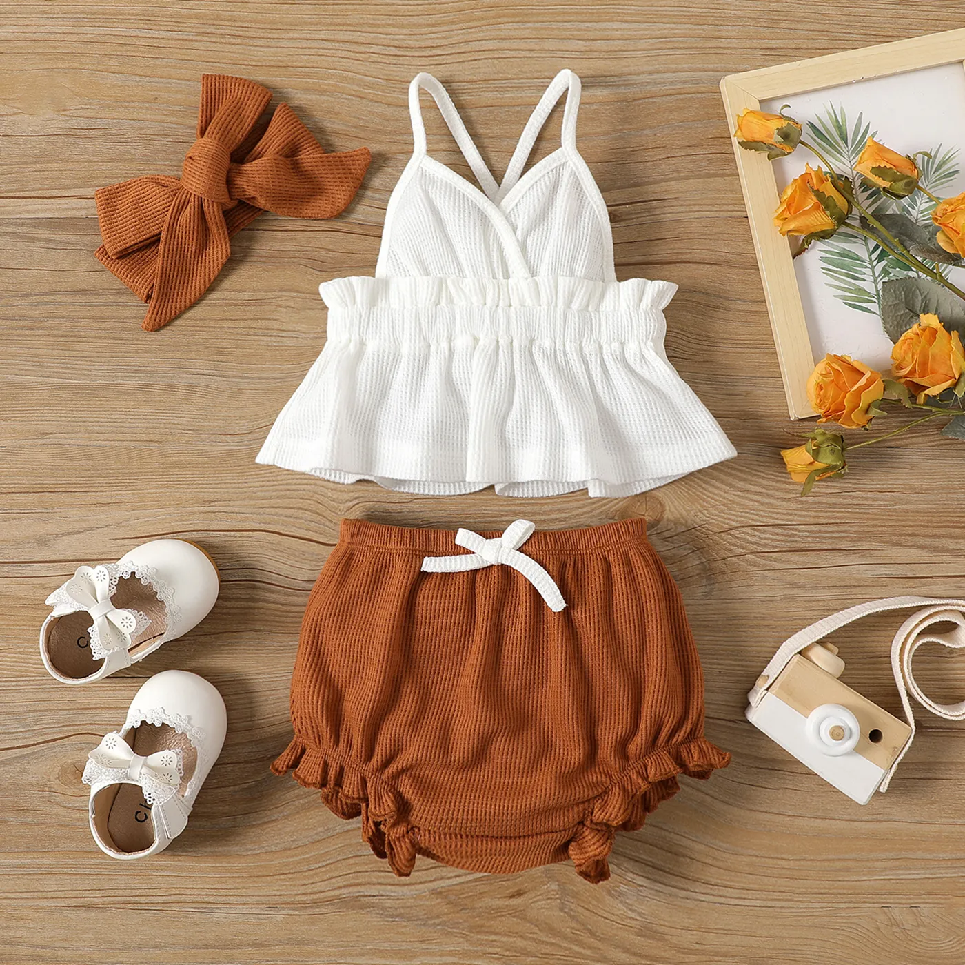 3pcs Baby Girl Solid Cami Top and Shorts & Headband Set