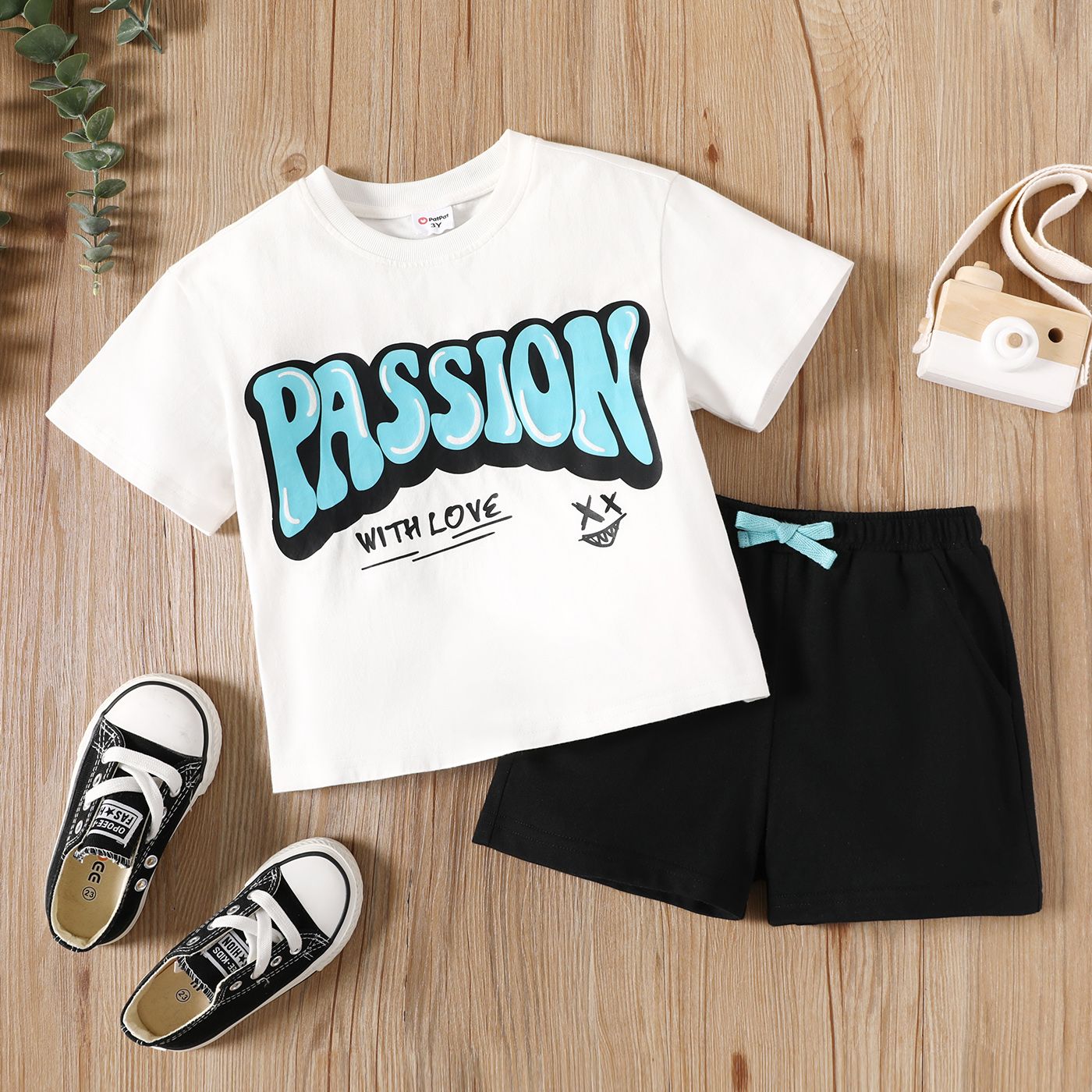 

2pcs Toddler Boy 100% Cotton Letter Print Short-sleeve Tee and Elasticized Shorts Set