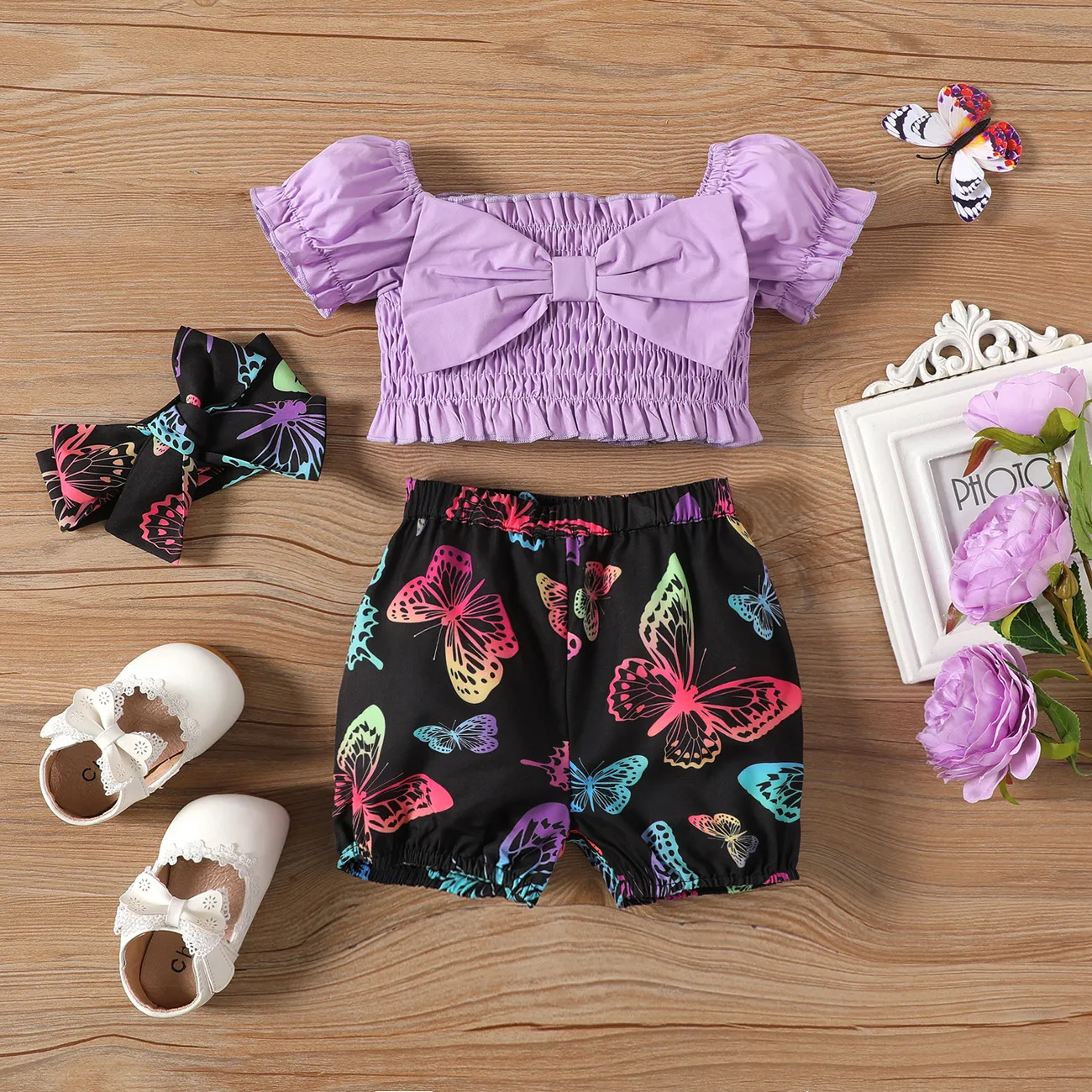 3pcs Baby Girl 100% Cotton Off Shoulder Puff-sleeve Bow Front Shirred Top and Allover Butterfly Print Shorts & Headband Set  big image 1