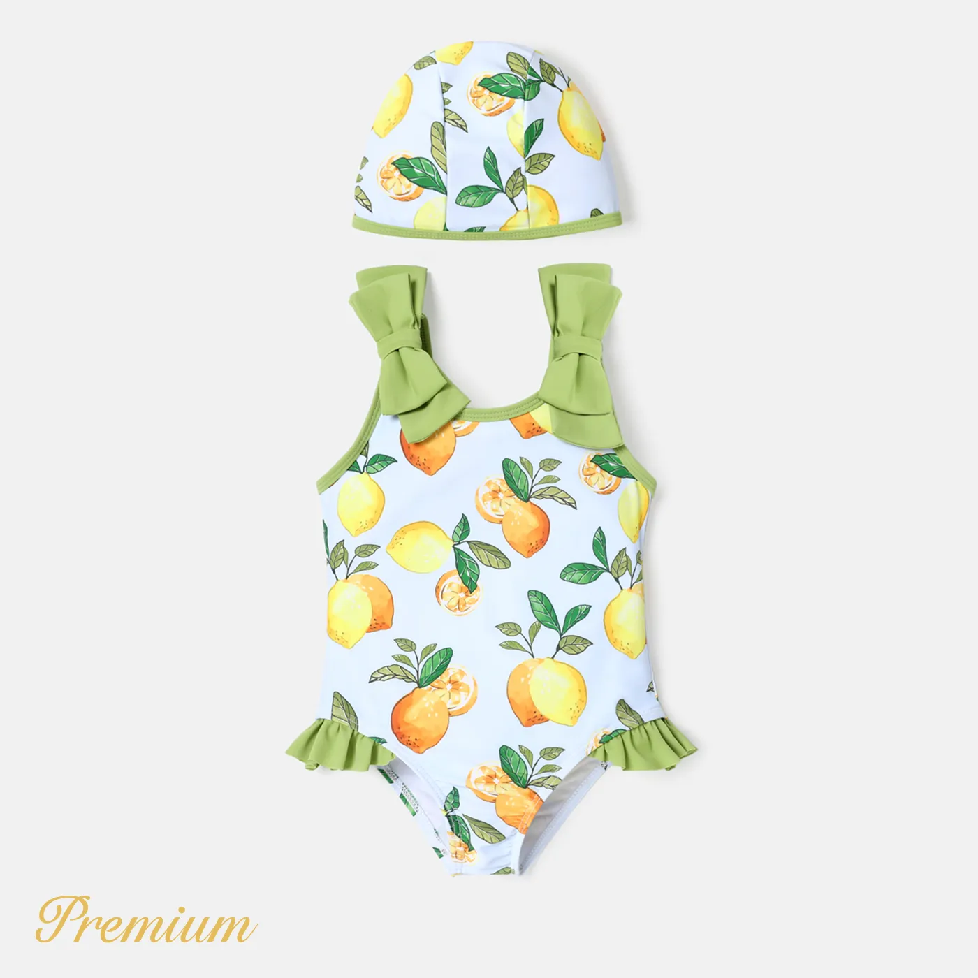 Toddler Girl Floral Print Ruffled Bowknot Design Sleeveless Onepiece Swimsuit Light Green