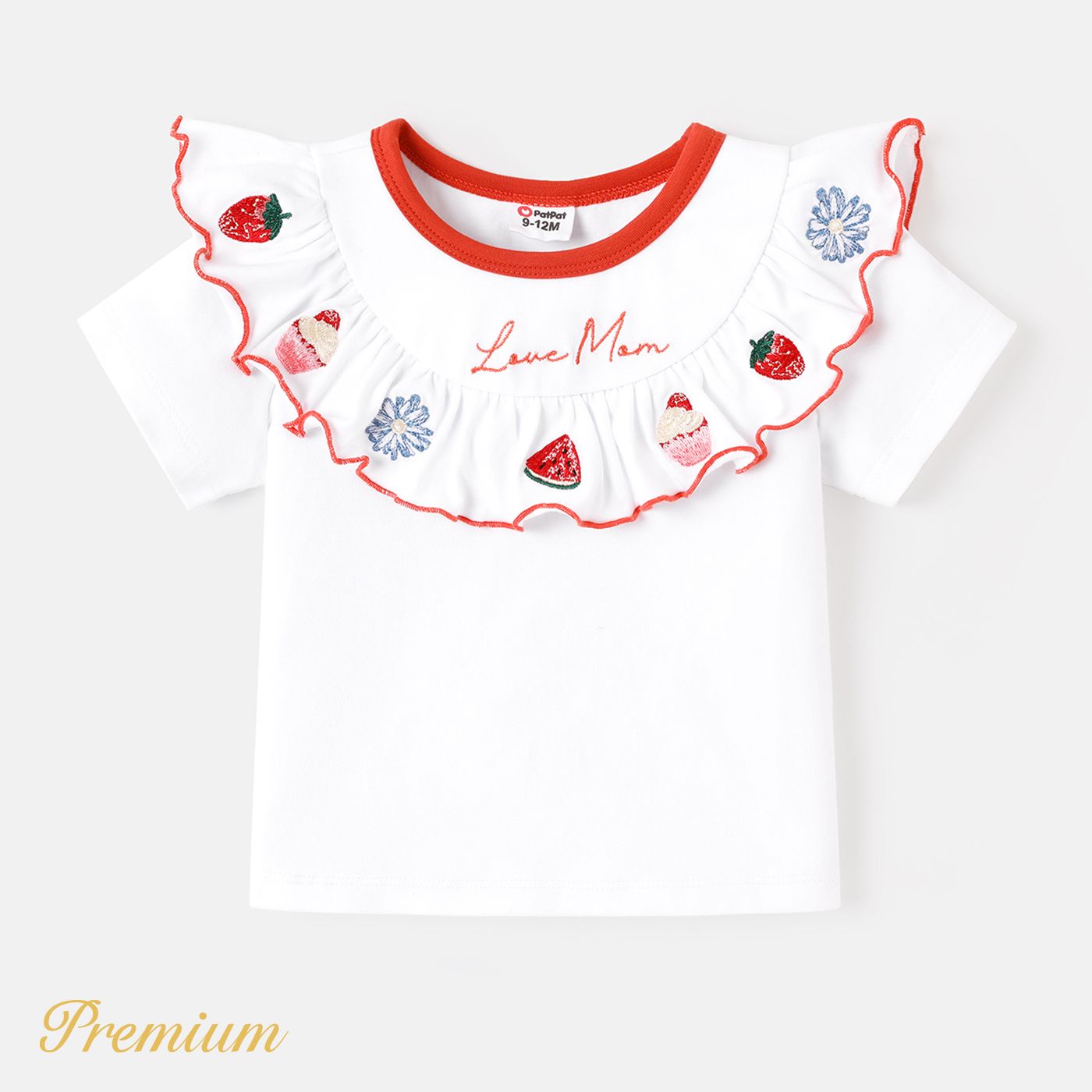 Baby Girl Cotton Embroidered Ruffle Trim Short-sleeve Tee