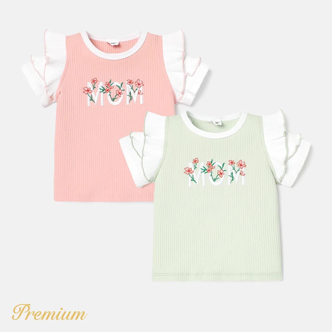 Baby Girl Cotton Letter Embroidered Flutter-sleeve Ribbed Tee Light Green image 2