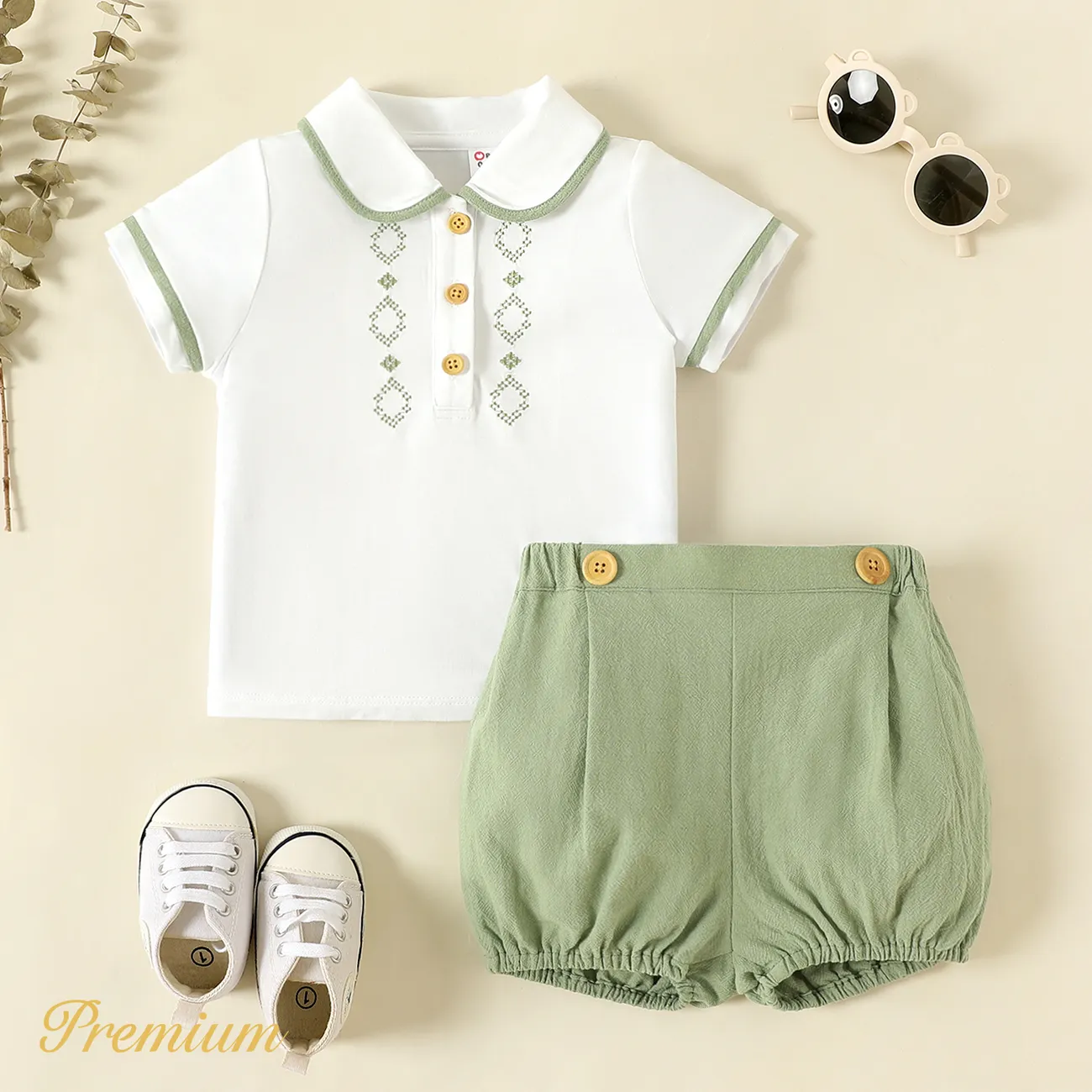 2pcs Baby Boy/Girl 100% Cotton Solid Shorts and Embroidered Short-sleeve Polo Shirt Set Army green big image 1