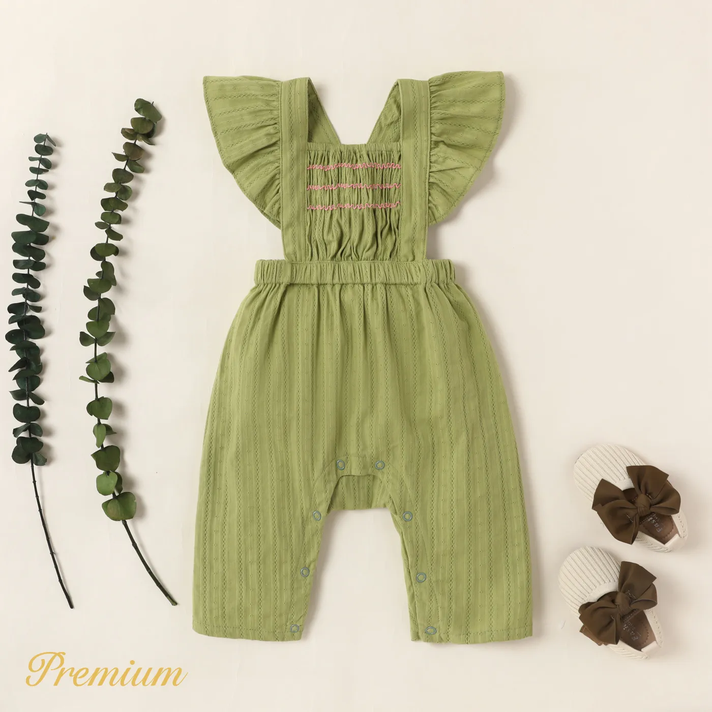 Baby Girl 100% Cotton Textured Solid Textured Ruffled Overalls Pants