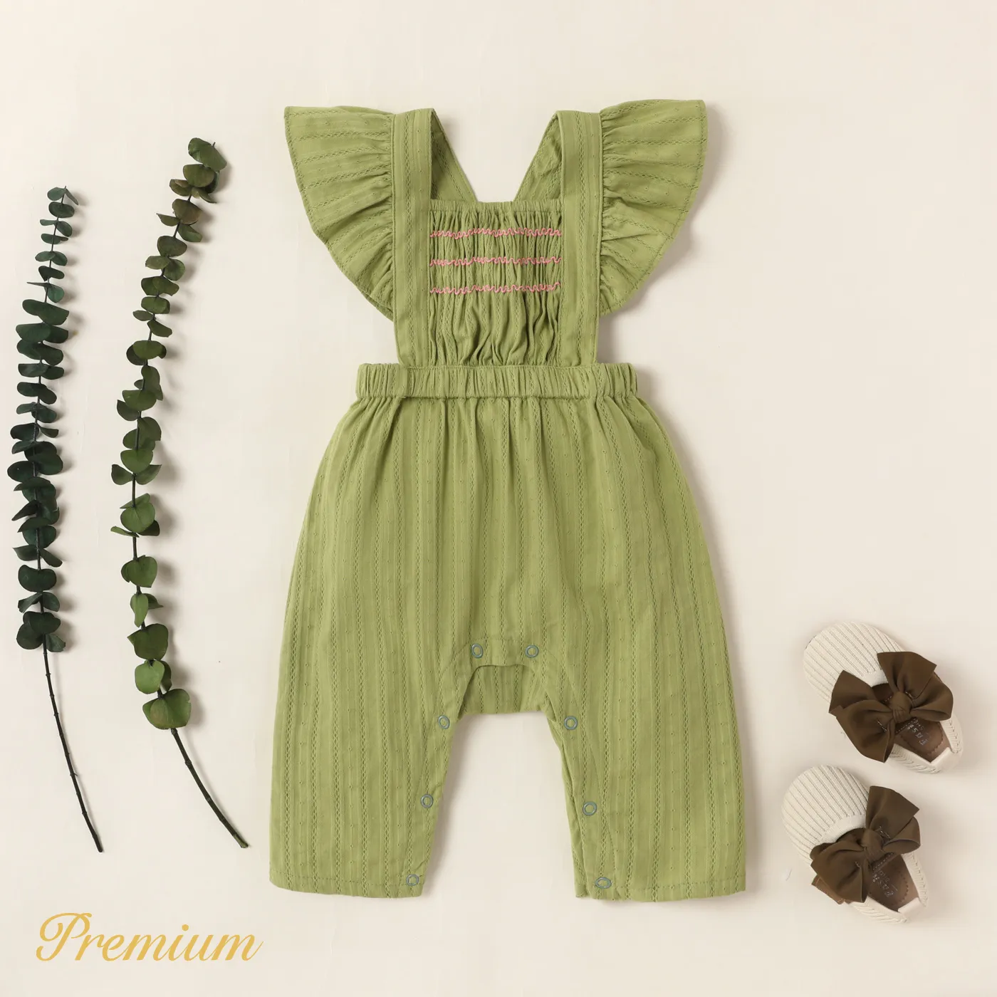 Baby Girl 100% Cotton Textured Solid Textured Ruffled Overalls Pants Green big image 1