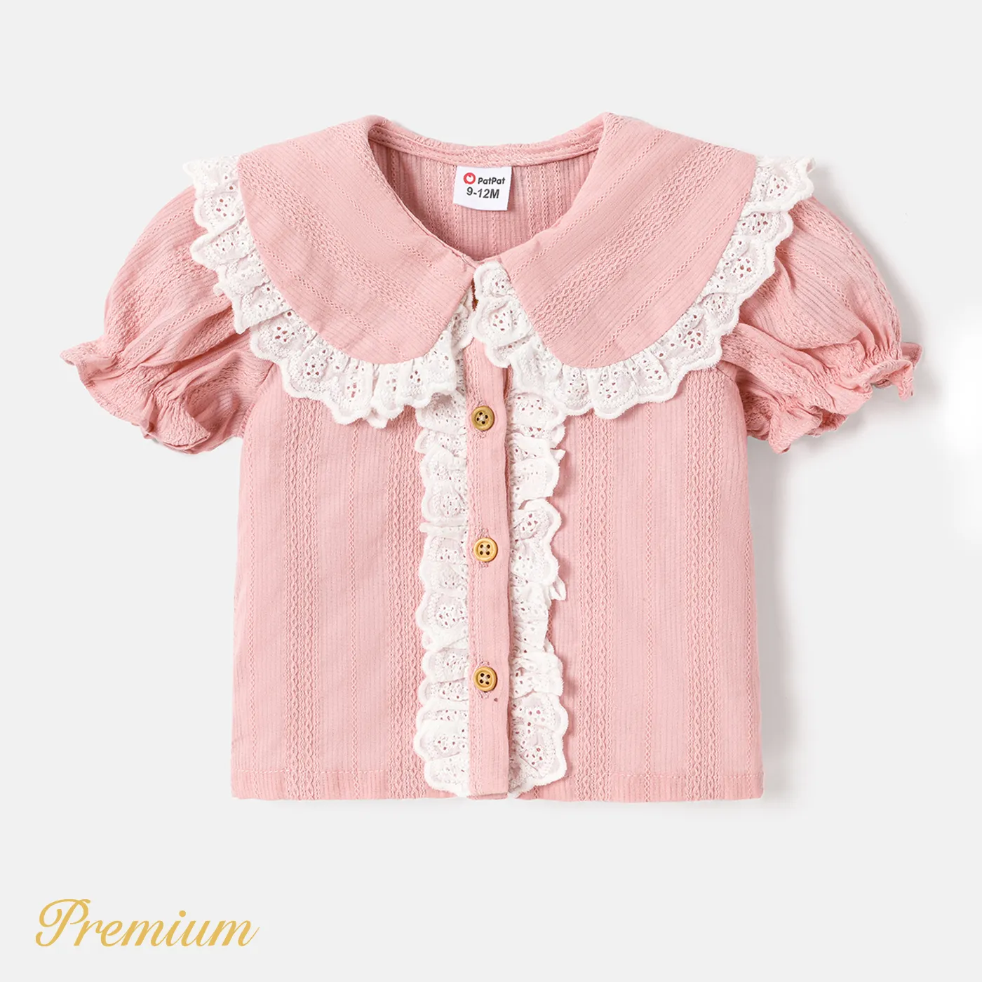 Baby Girl 100% Cotton Ruffle Trim Peter Pan Collar Puff-sleeve Top