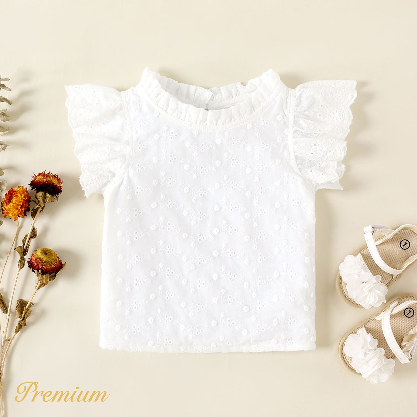 Baby Girl 100% Cotton Textured Flutter-sleeve Top