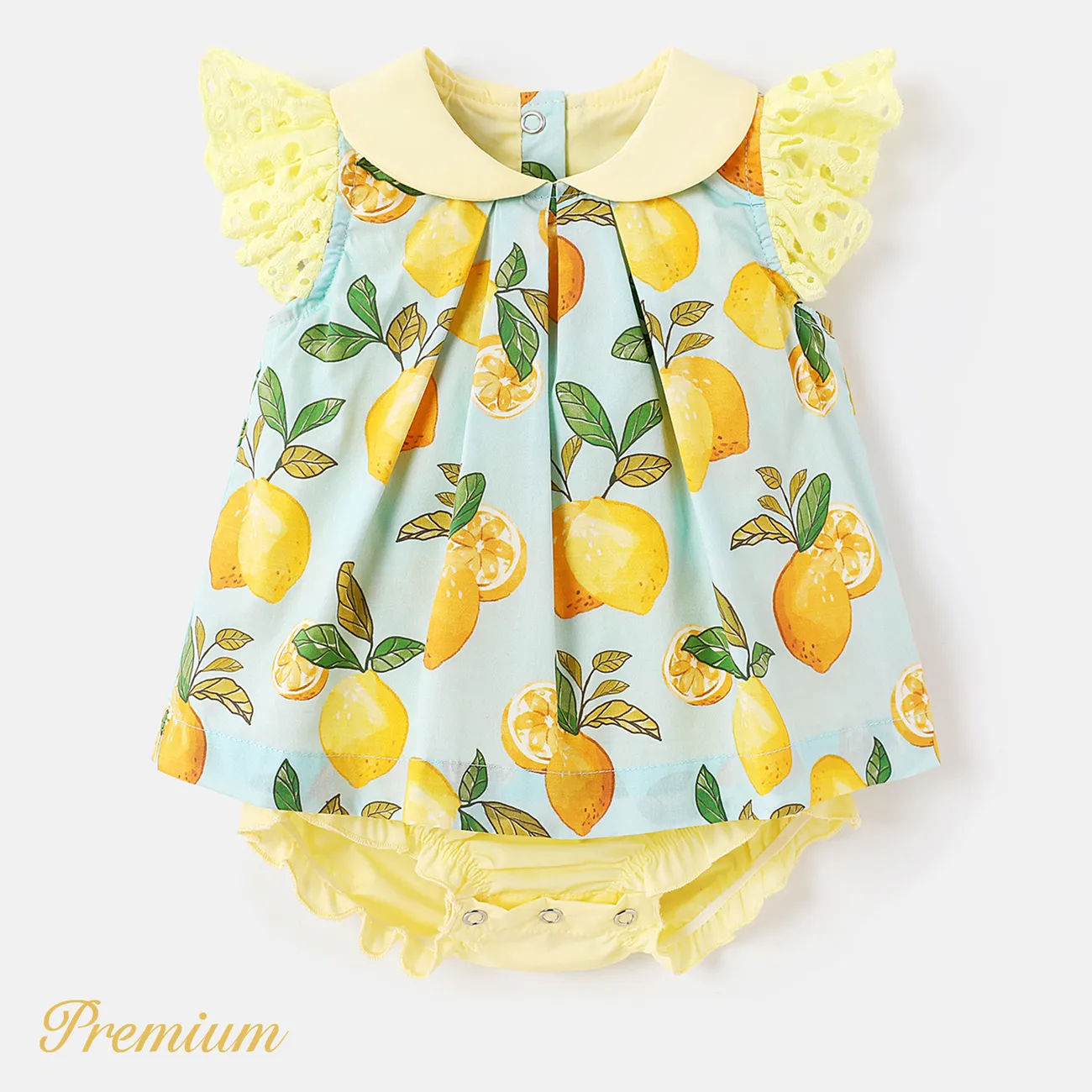 Baby Girl 100% Cotton Allover Lemon Print Peter Pan Collar Flutter-sleeve Romper  big image 1