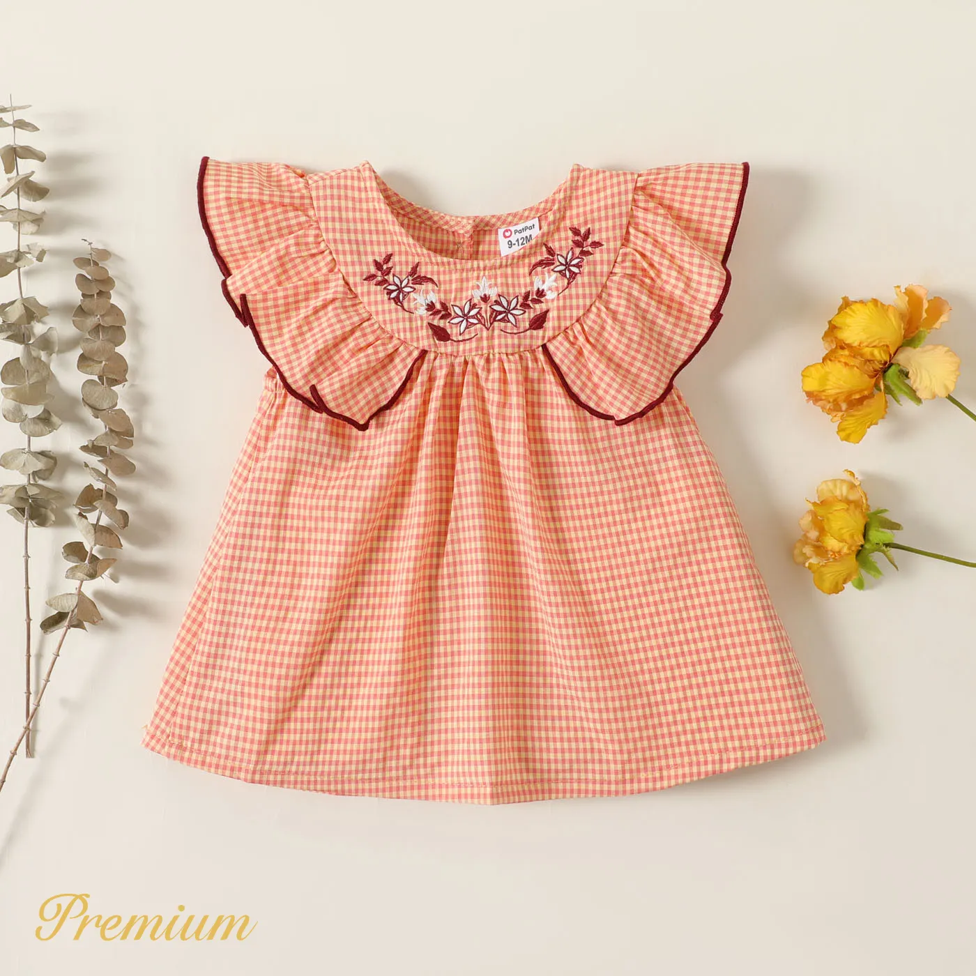 Baby Girl Floral Embroidered Ruffled Gingham Tank Top