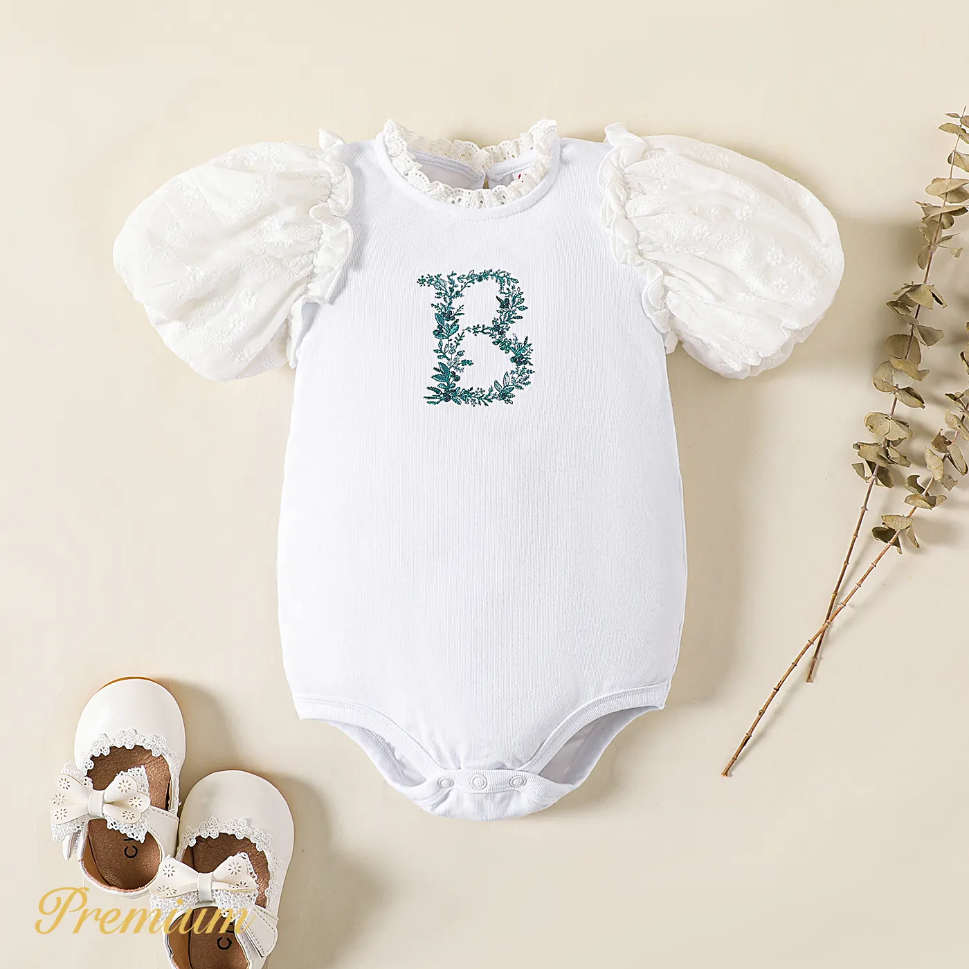 Baby Girl Cotton Letter Embroidered Frill Neck Puff-sleeve Romper OffWhite big image 1