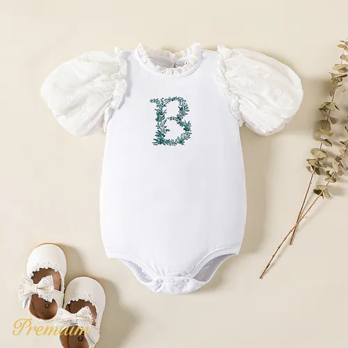 Baby Girl Cotton Letter Embroidered Frill Neck Puff-sleeve Romper
