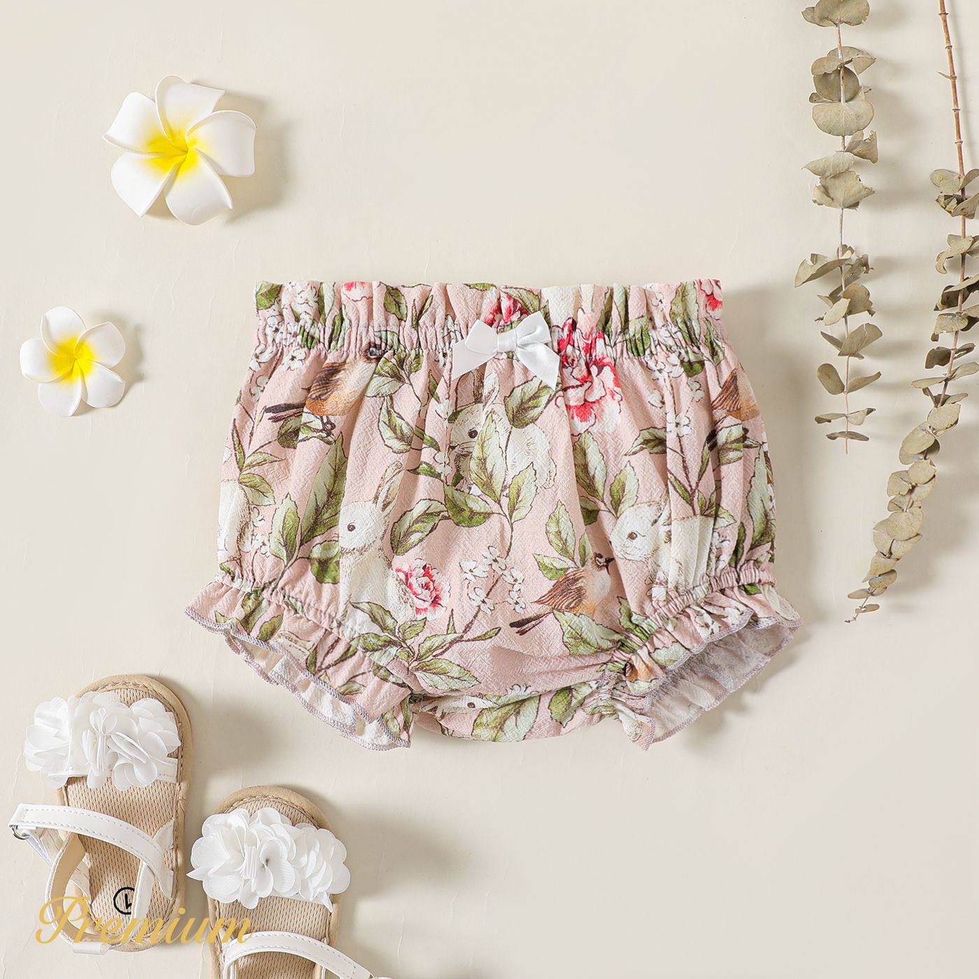 Baby Girl Allover Print Or Solid Frill Trim Shorts