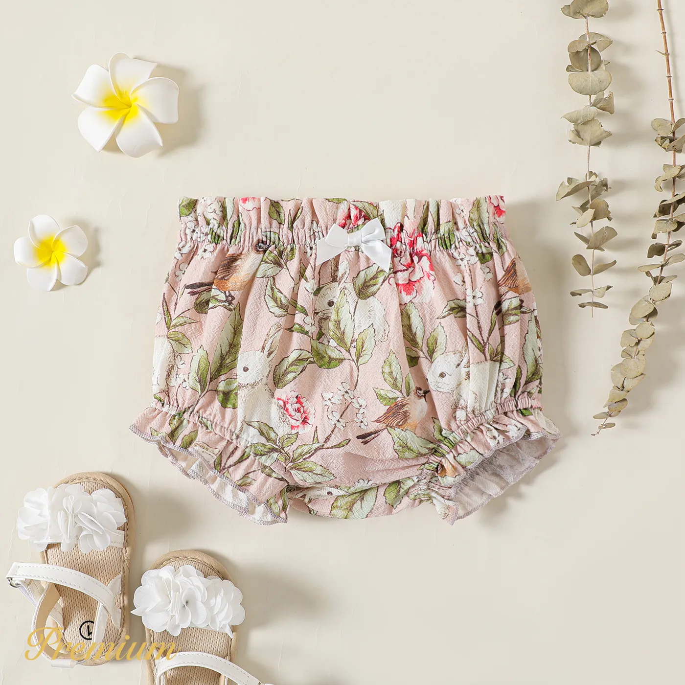 Baby Girl Allover Print Ou Solid Frill Trim Shorts