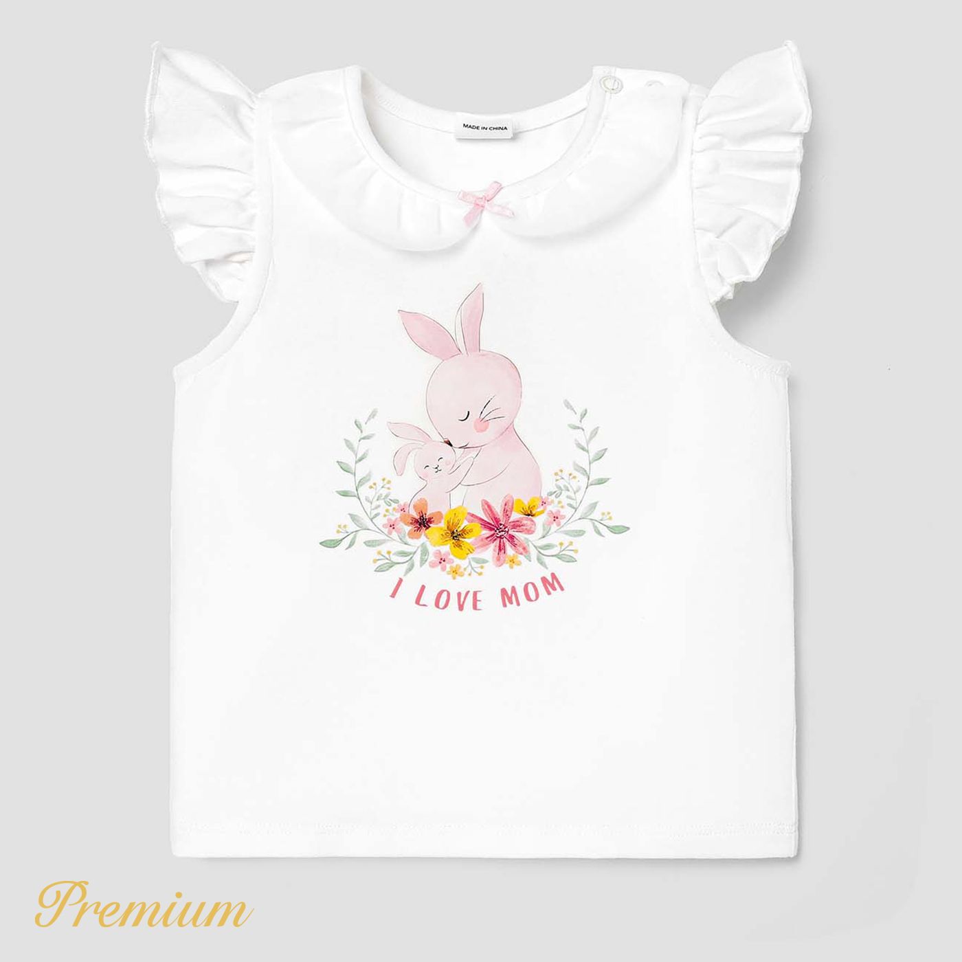 Baby Girl Cotton Flutter-sleeve Mesh Peter Pan Collar Rabbit & Letter Print Tee