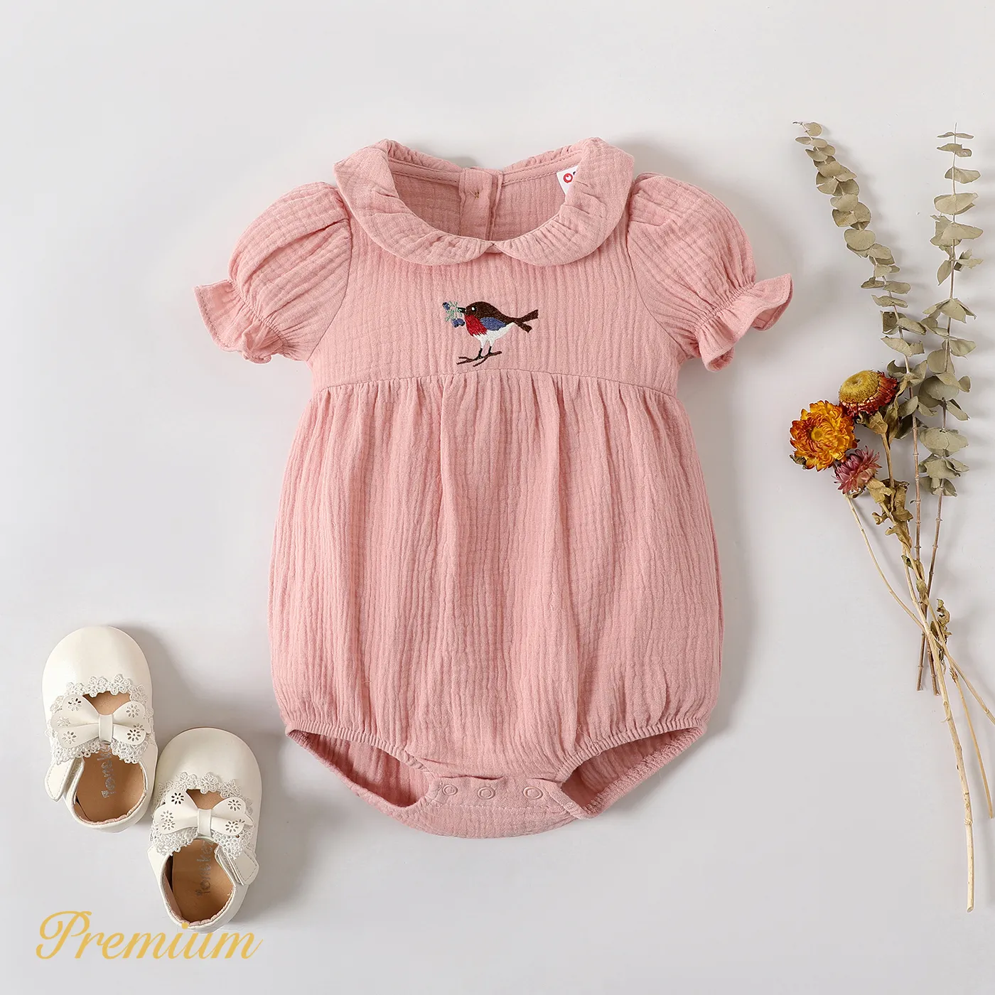 Baby Girl 100% Cotton Crepe Bird Embroidered Peter Pan Collar Puff-sleeve Romper