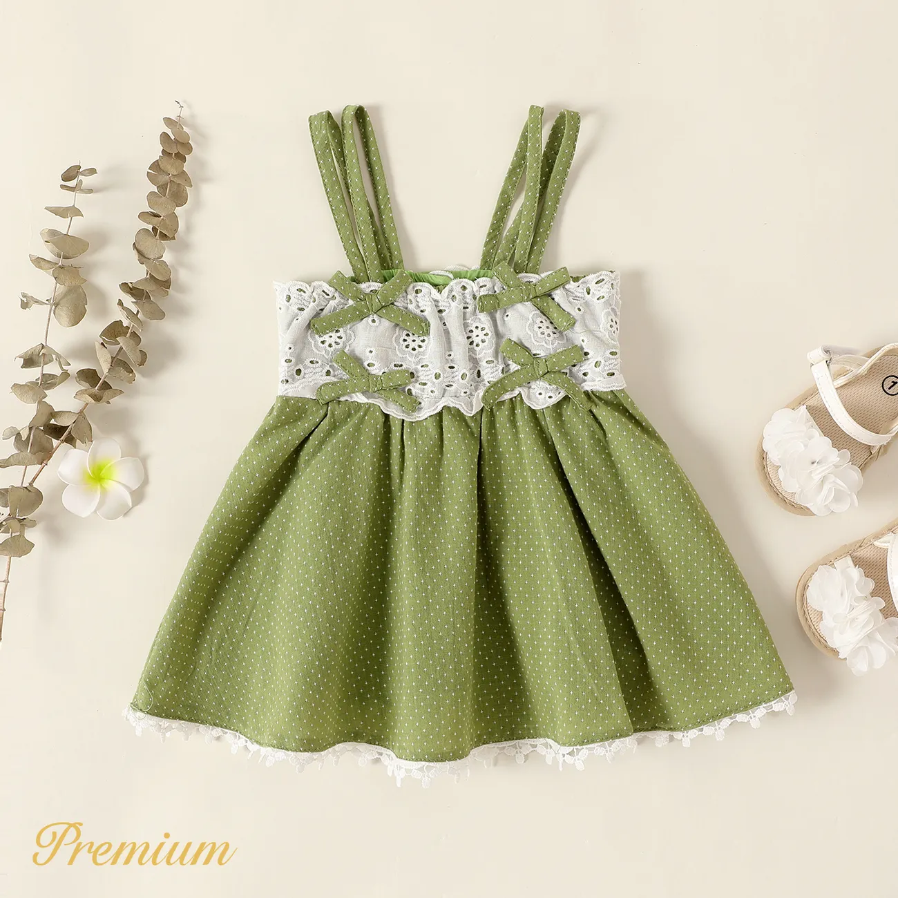 Baby Girl Bow Detail Eyelet Embroidered Spliced Cami Dress  big image 1