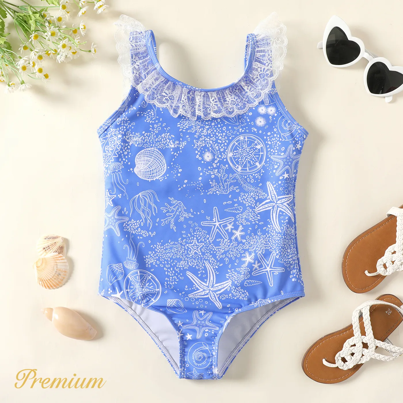 Kid Girl Blue Ocean Graphic Lace Detail One-piece Swimsuit  big image 1