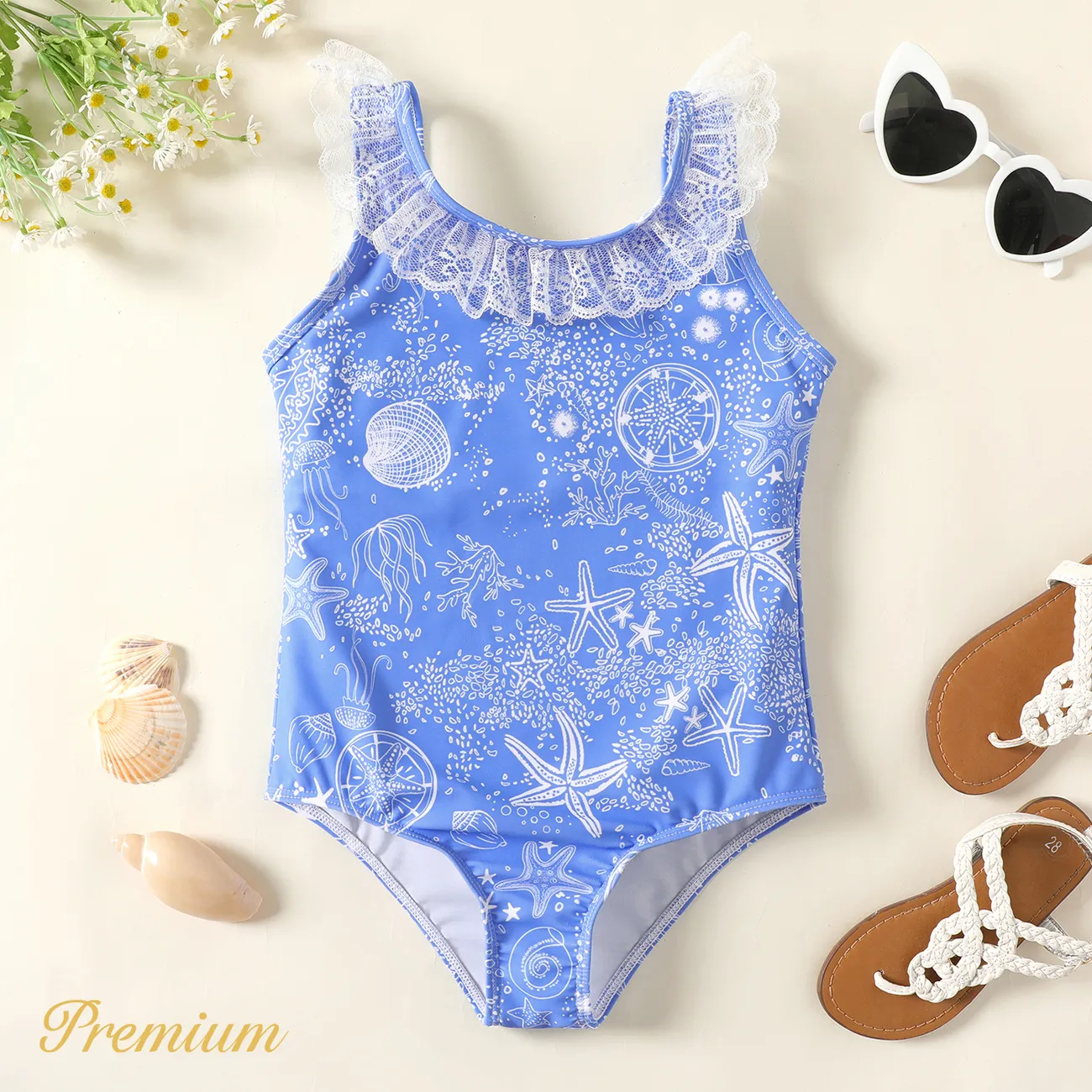 Kid Girl Blue Ocean Graphic Lace Detail One-piece Swimsuit  big image 1