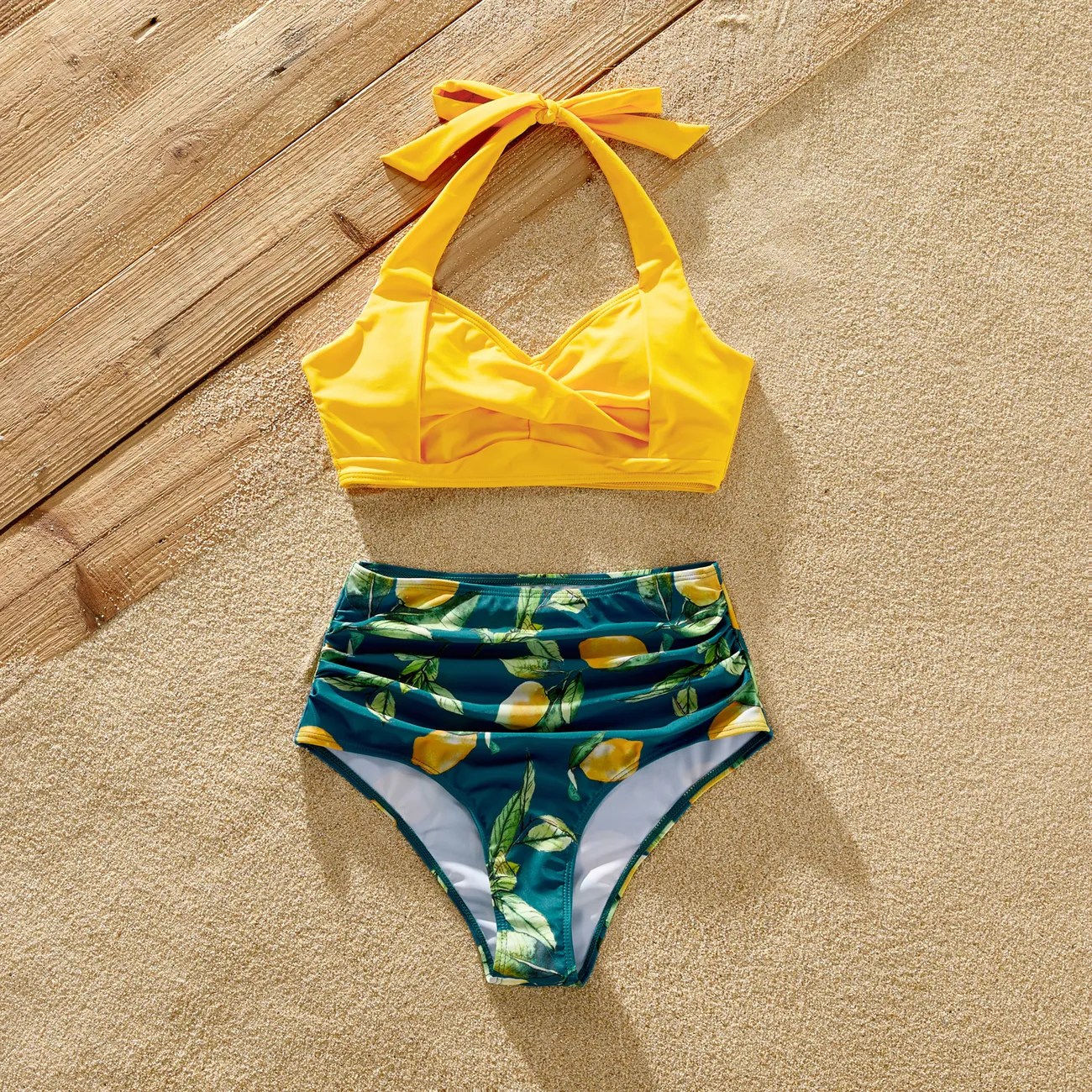 Family Matching Allover Lemon Print and Solid Halter Neck Two-piece Swimsuit or Swim Trunks Shorts Multi-color big image 1
