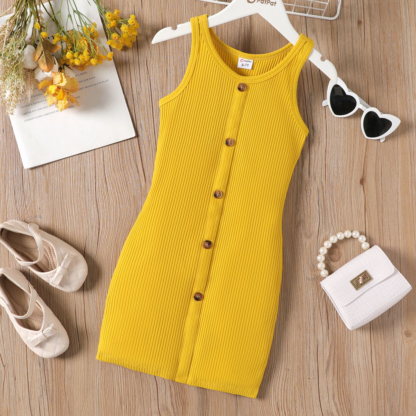 

Toddler/Kid Girl Cotton Solid Color Button Design Ribbed Sleeveless Dress