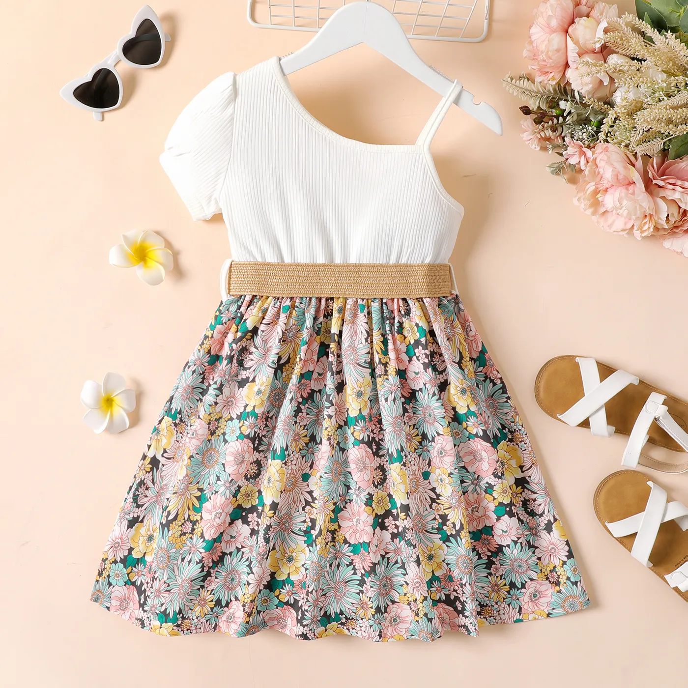 Kid Girl Floral Print Belted One-Shoulder Dress  image 5