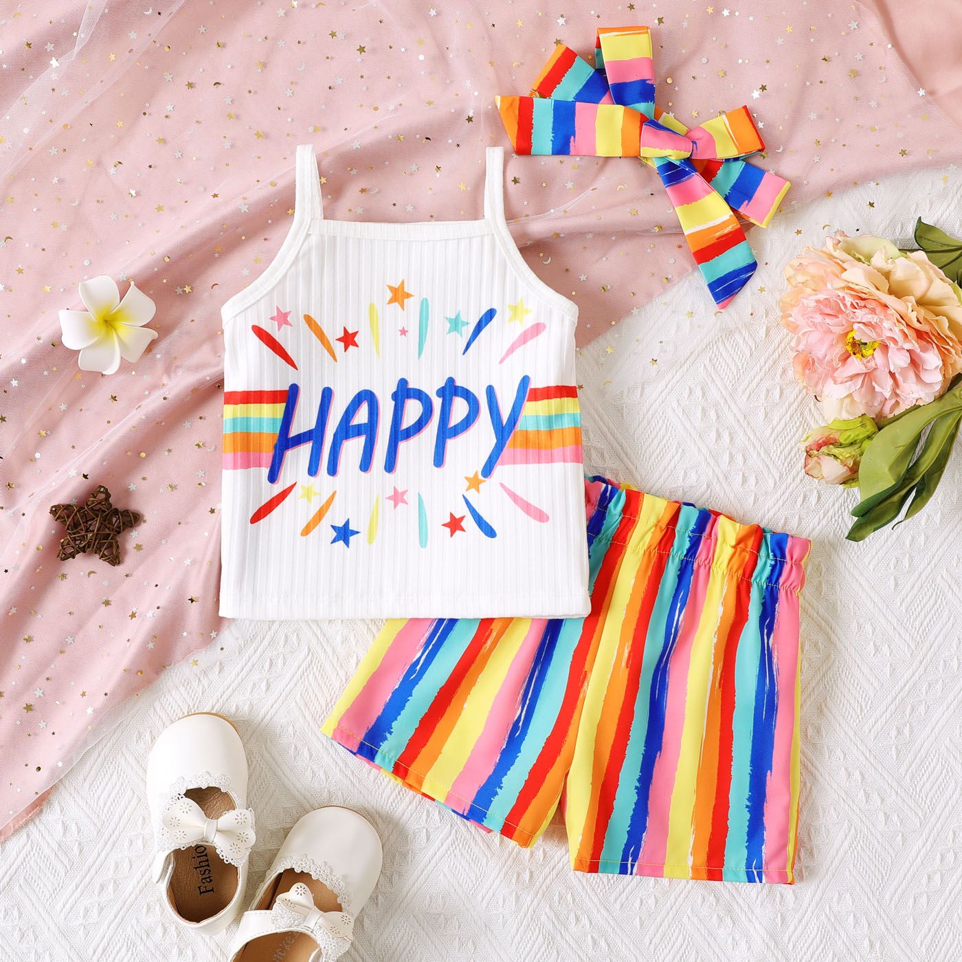

2pcs Toddler Girl Colorful Letter Pattern Ribbed Tank Top & Colorful Stripe Shorts Set