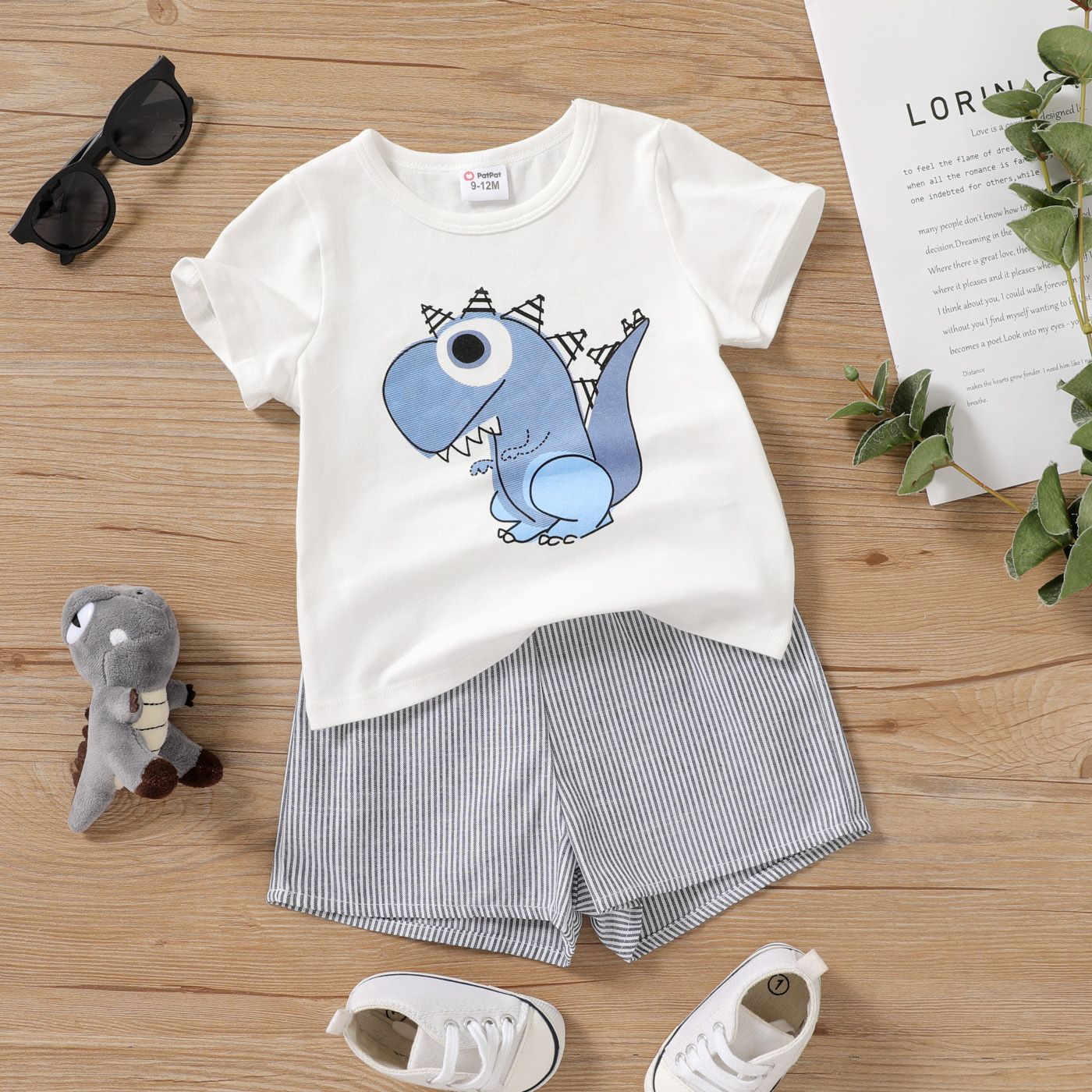 2pcs Baby Boy Cotton Short-sleeve Dinosaur Graphic Tee And Pinstriped Shorts Set
