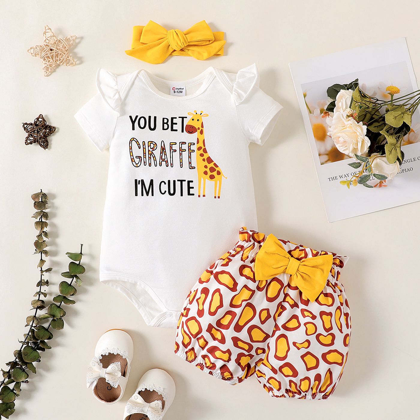 3pcs Baby Girl Cotton Short-sleeve Giraffe & Letter Graphic Romper and Bow Front Naiatm Bloomer Shor