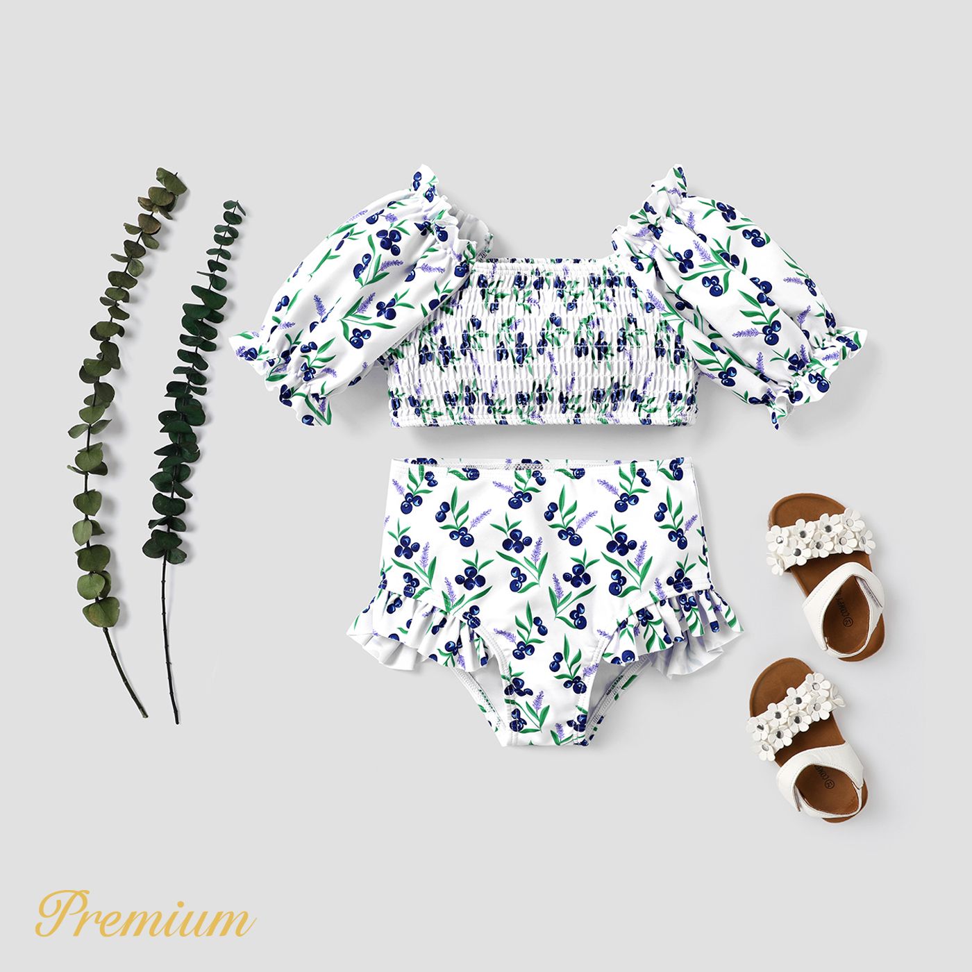 

2pcs Toddler Girl Allover Plant Print Puff-sleeve Shirred Crop Top & Shorts Two-piece Swimsuit Set