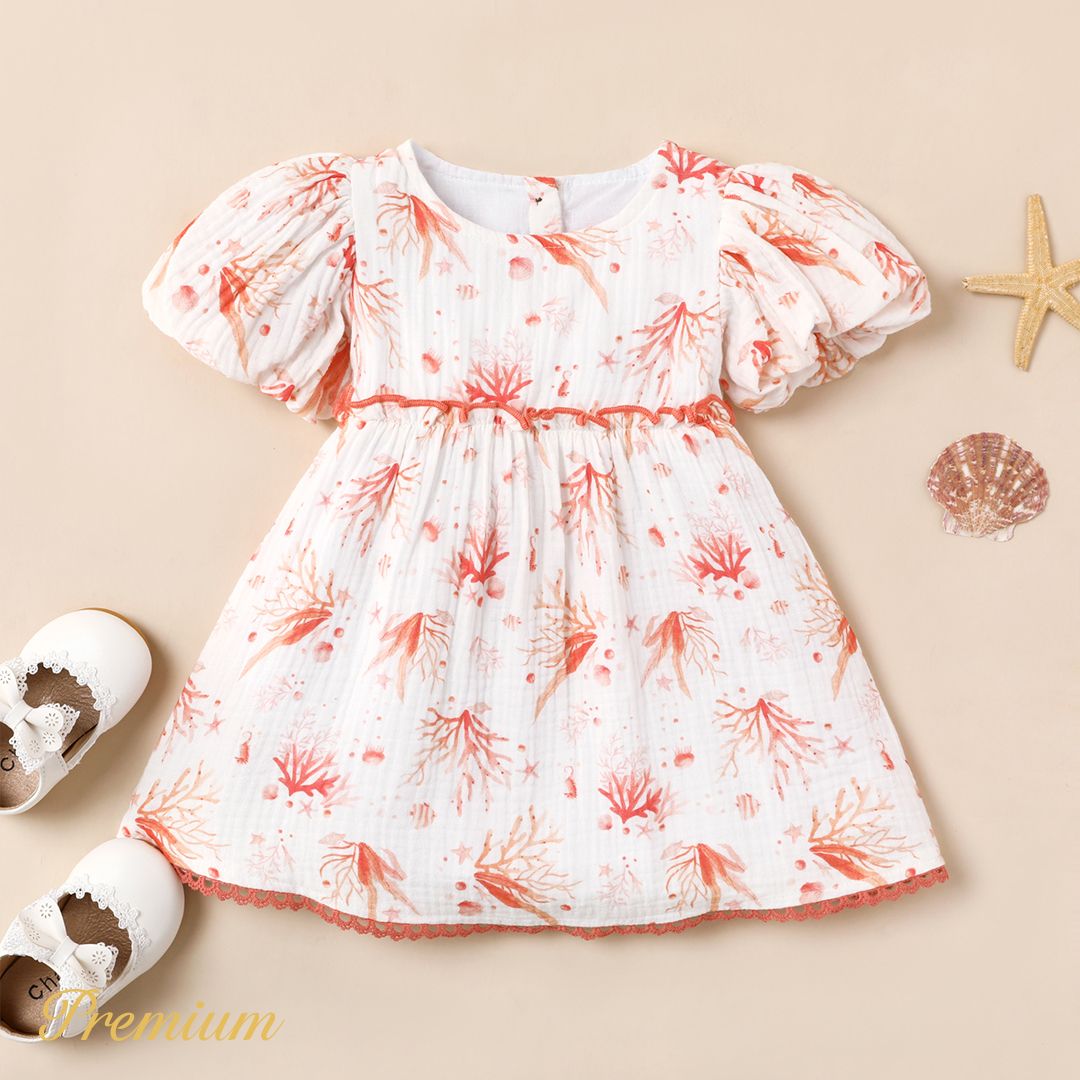 Baby Girl 100% Cotton Allover Coral Print Puff-sleeve Dress