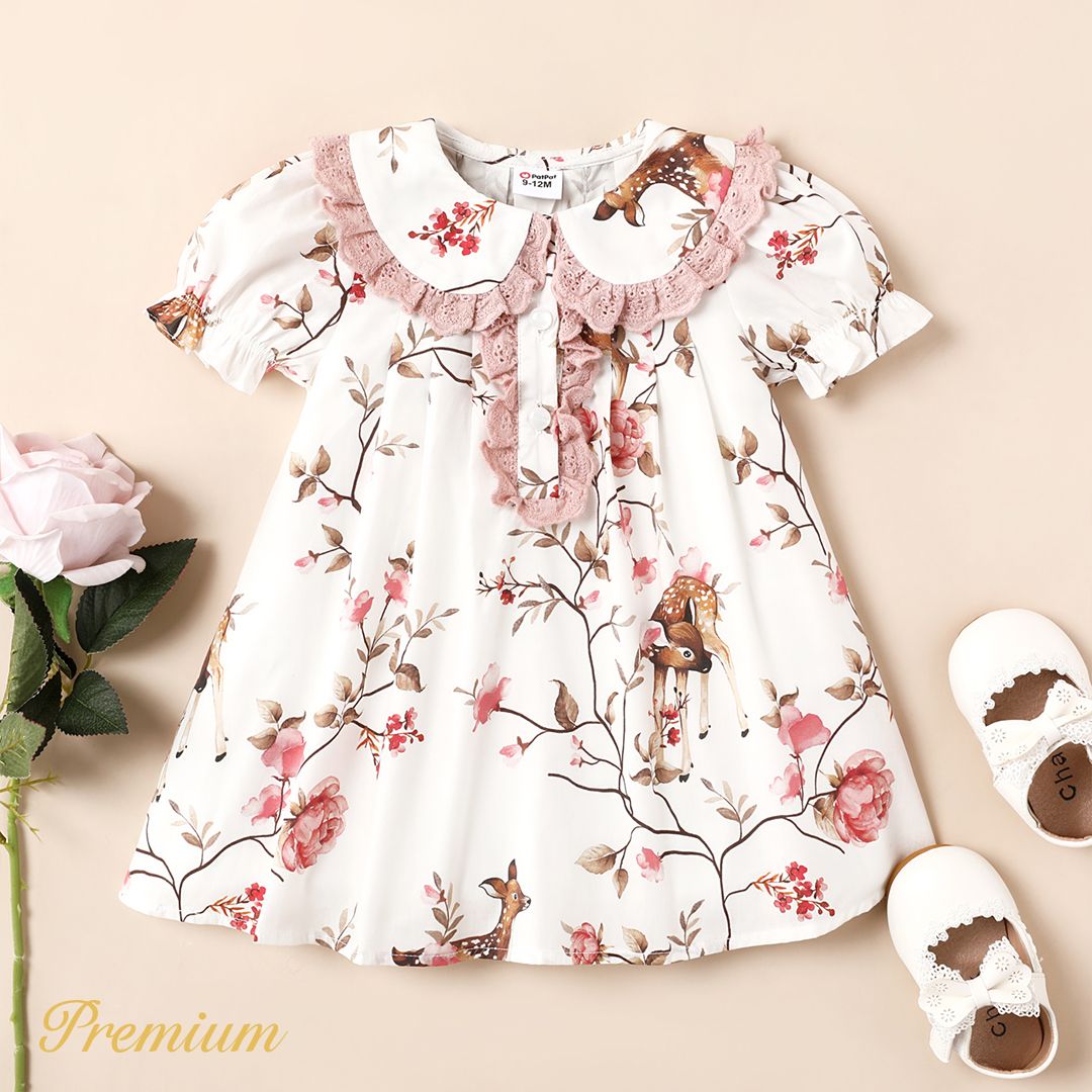 Baby Girl 100% Cotton Floral Print Doll Collar Short-sleeve Dress
