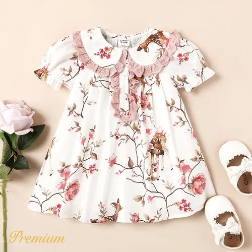 Baby Girl 100% Cotton Floral Print Doll Collar Short-sleeve Dress