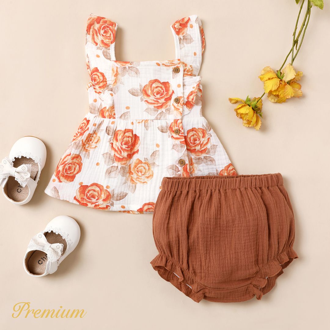 2pcs Baby Girl 100% Coton Floral Print Button Up Cami Top Et Solid Shorts Set