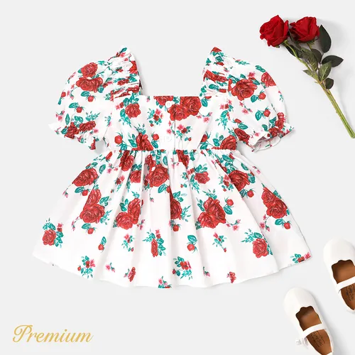 Kid Girl Allover Red Rose Floral Print Square Neck Puff-sleeve Top