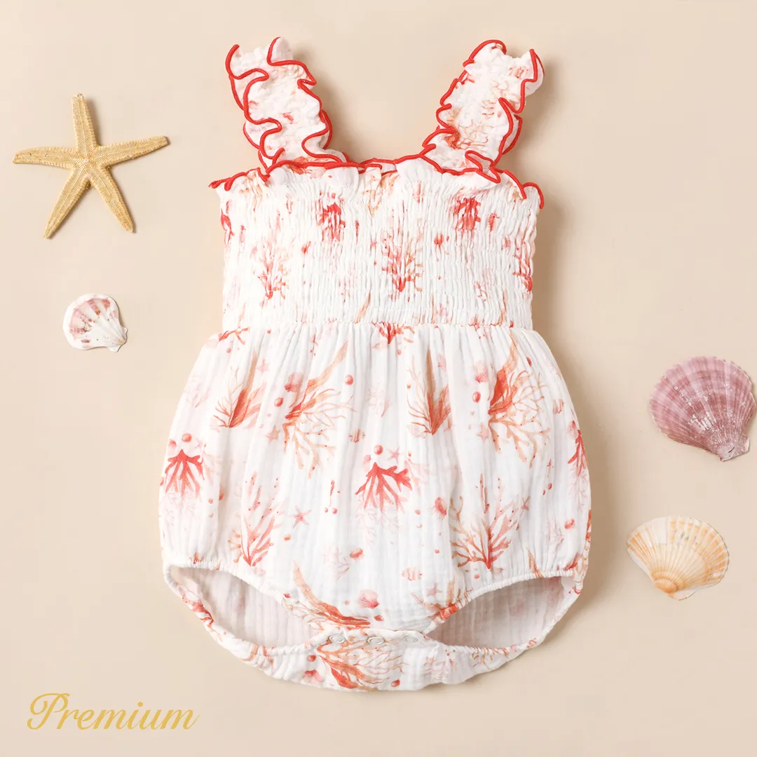 Baby Girl 100% Cotton Allover Coral Print Lettuce Trim Smocked Tank Romper  big image 1